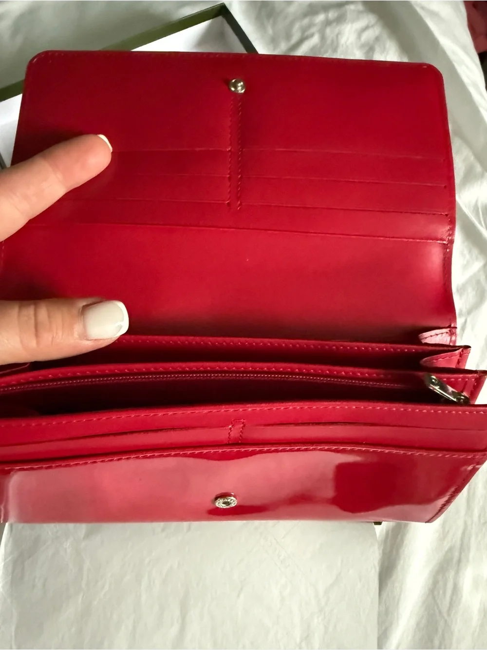 Longchamp Le Roseau Red Patent Leather Continental Flap Wallet Silver Hardware